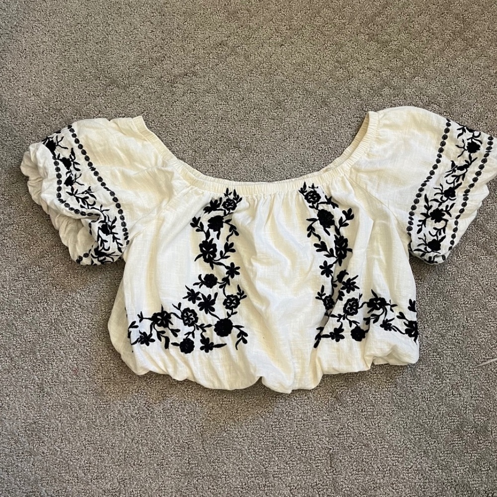 Cottage Core Cream Off-The-Shoulder Crop Top with Beautiful Stitching Detail